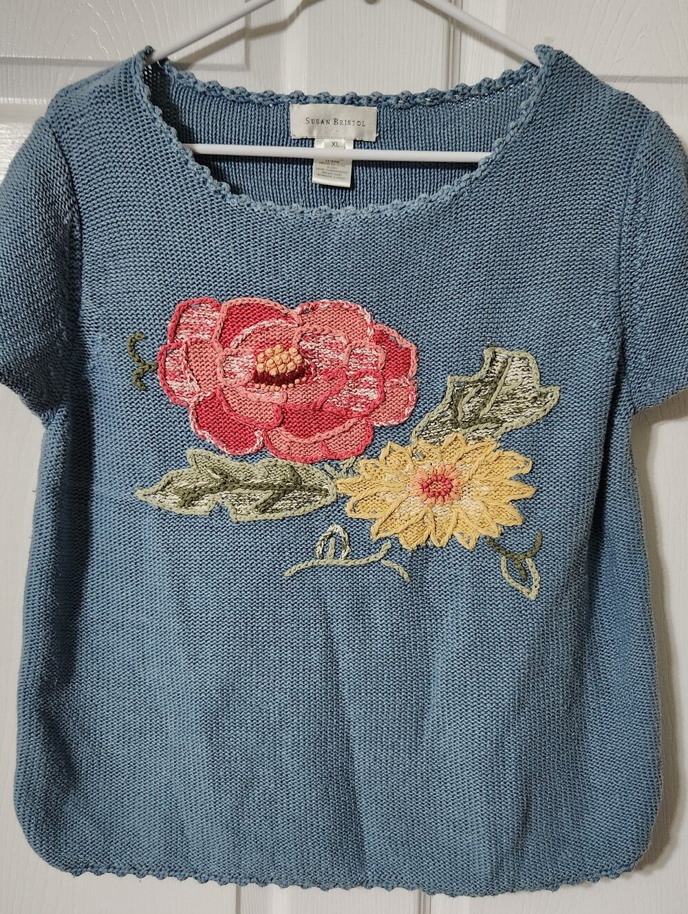 Susan Bristol Vintage Blue Knit Short-Sleeve Sweater, Size XL